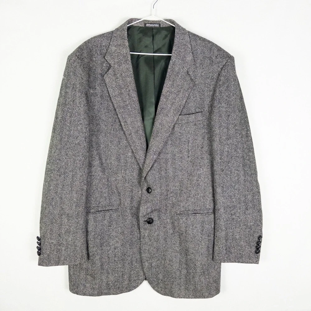 Vintage Savile Row Wool Herringbone Blazer Mens 42L Gray Tailored USA Dark Acade